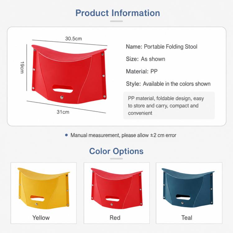 Red portable folding stool with storage basket, PP material shown with size details