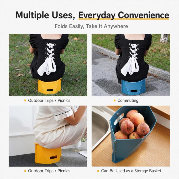 Foldable stool with storage basket shown in yellow, used outdoors and in a bag