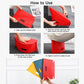 Foldable plastic card stool with curved seat and storage basket, folded and opened in red