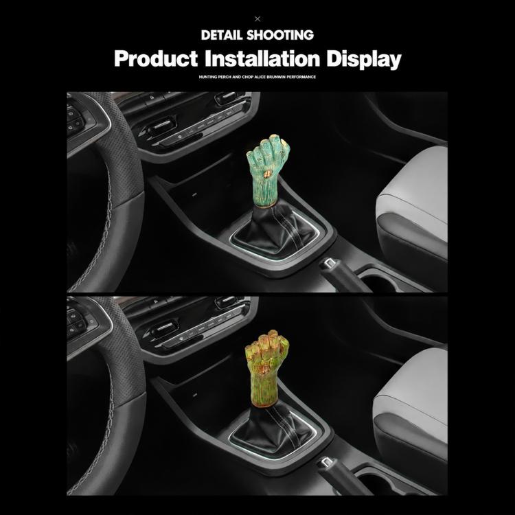 Palm-shaped gear shift knob shown installed, with green and yellow-green resin finishes.