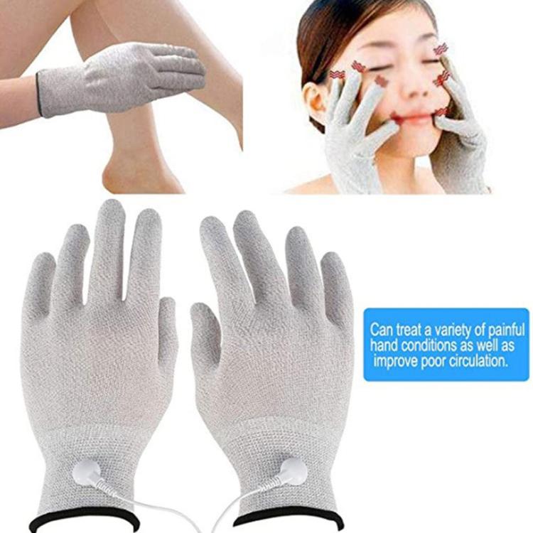 Pair of light gray hand massage gloves with elastic cuff