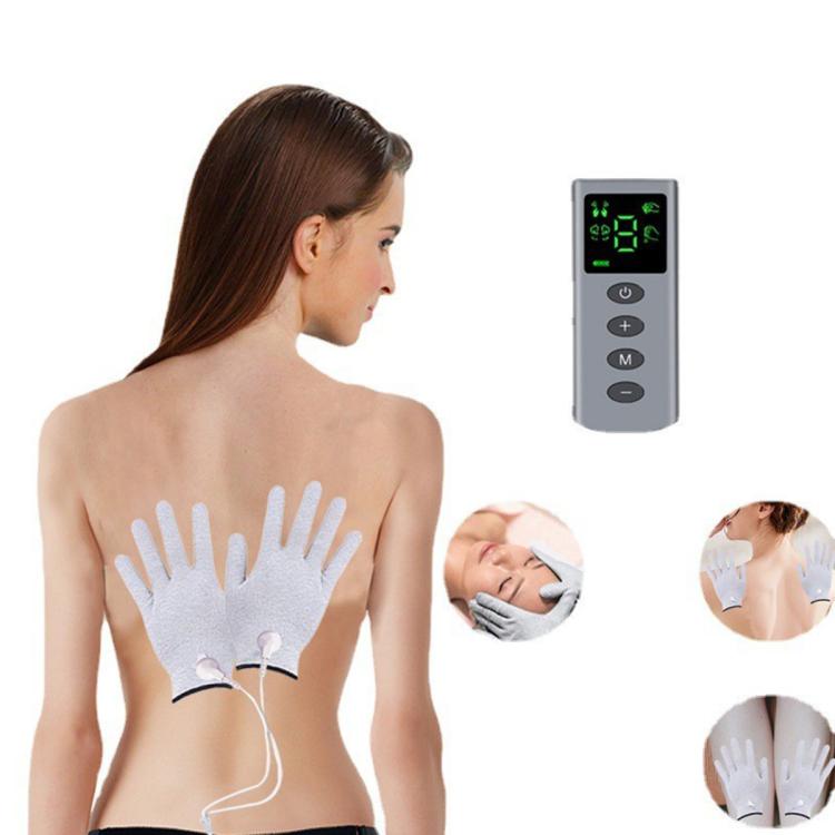 Gray EMS hand massage gloves worn with handheld controller
