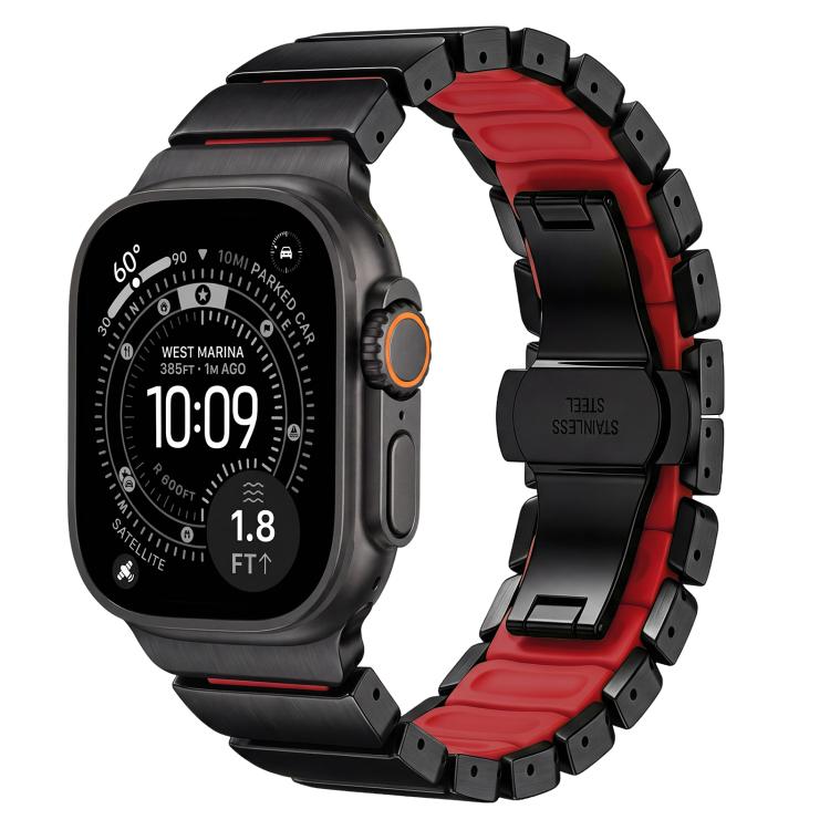 For Apple Watch 46mm / 49mm / 45mm / 44mm Butterfly Clasp Metal Hybrid Silicone Watch Band, Stainless Steel, Titanium Alloy