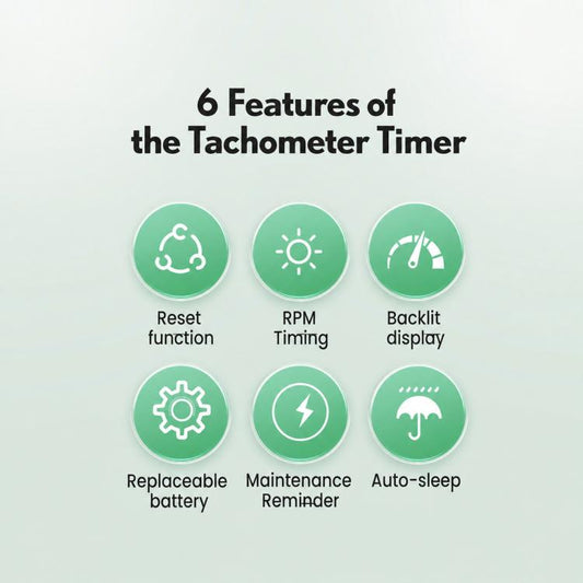 Tachometer timer feature icons: reset function, RPM timing, backlit display, replaceable battery