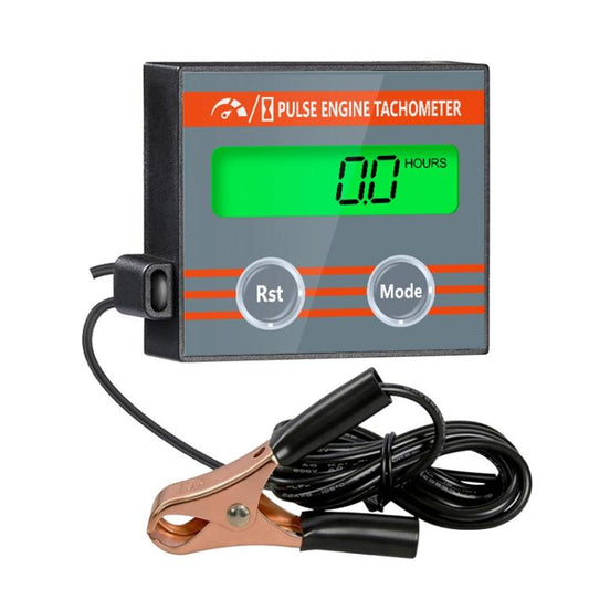 Pulse engine tachometer with green hours LCD, mode and reset buttons, and sensor clamp lead