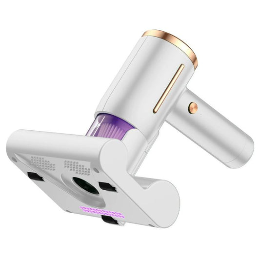 White mini UV mattress vacuum cleaner with purple UV light window and brush head
