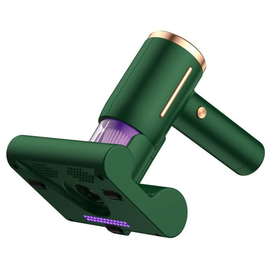 Green mini UV mattress vacuum cleaner with purple UV light window and brush head