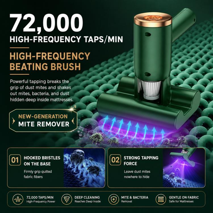 Green handheld UV mattress vacuum with beating brush head and internal UV light glow