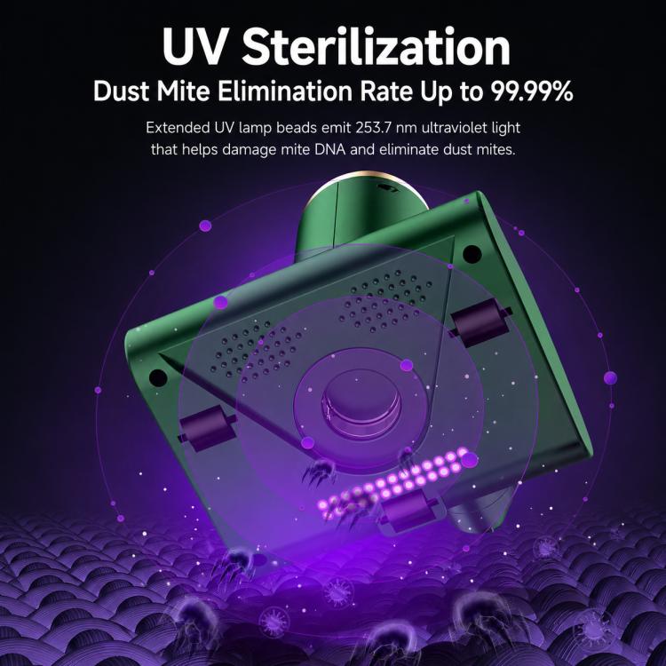 Green UV sterilizing mattress vacuum with purple LED UV light window and brush head