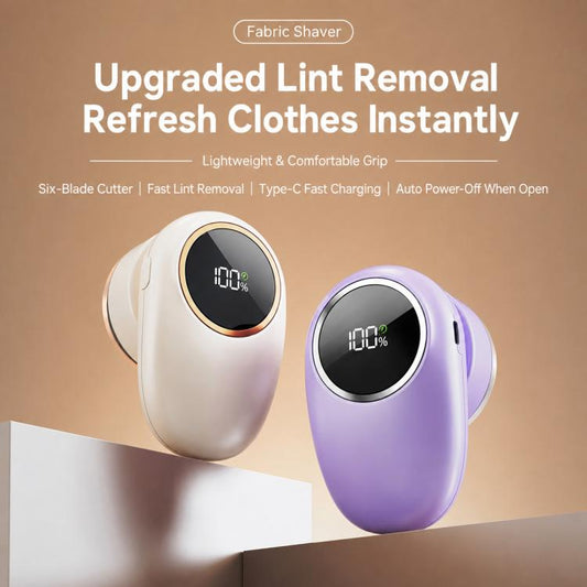 Electric fabric sweater shavers in purple and white with circular digital displays