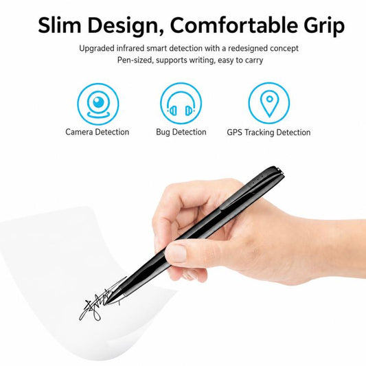 Slim black pen-style signal detector held in a hand with side switch details