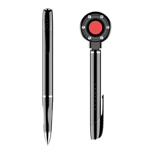 Pen-style wireless signal detector with black body and red circular indicator button