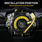 Clock spring spiral cable mounted behind steering wheel, black unit with yellow wire