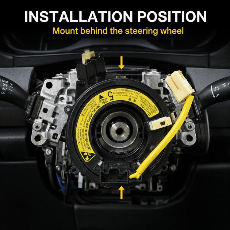 Clock spring spiral cable mounted behind steering wheel, black unit with yellow wire