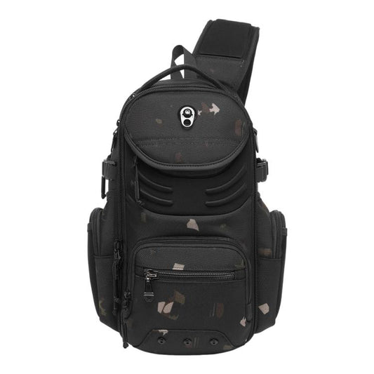 Black camo-pattern men's large utility chest sling bag with front zip pocket and straps.