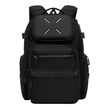 Men's waterproof laptop backpack, black with front zip pocket and padded straps