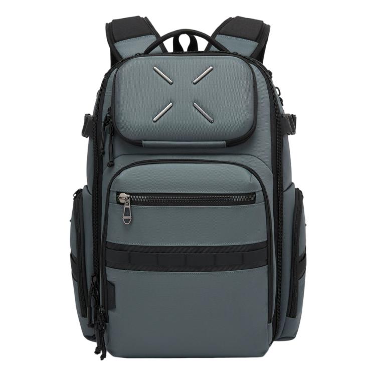 Men's waterproof laptop backpack, grey with front panel, zip pocket, and side loops