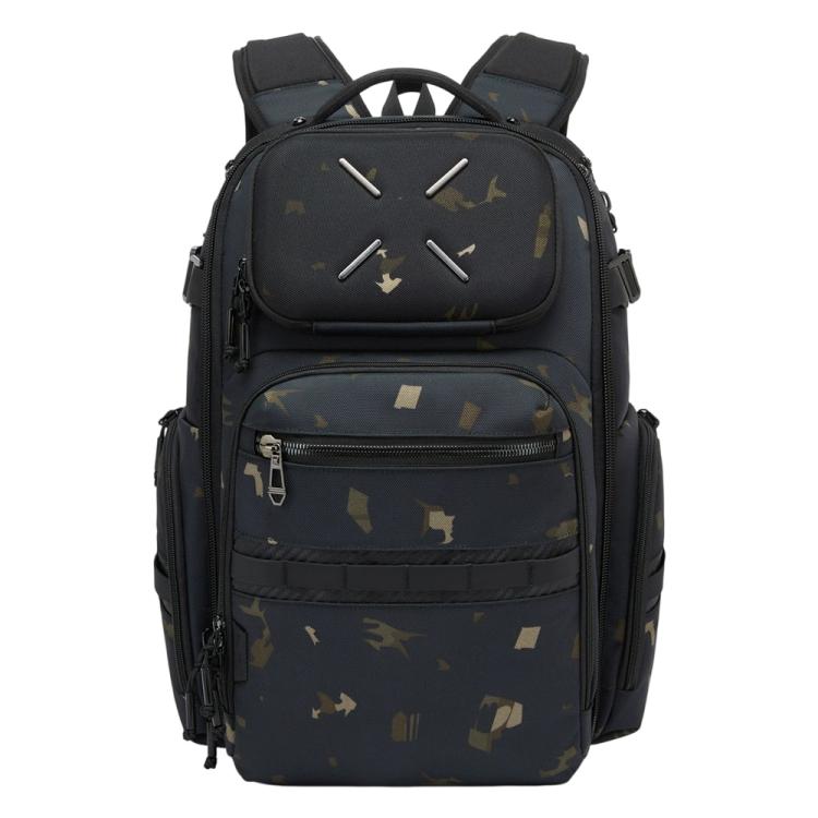 Men's waterproof laptop backpack, dark camouflage print with front zip pocket and straps