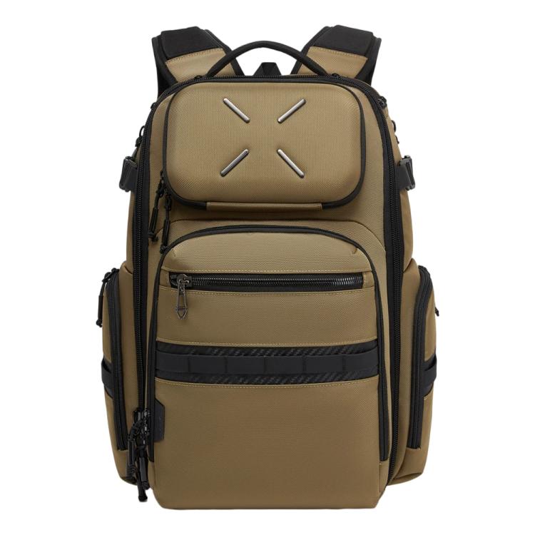 Men's waterproof laptop backpack, brown/tan with front zip pocket and side buckles
