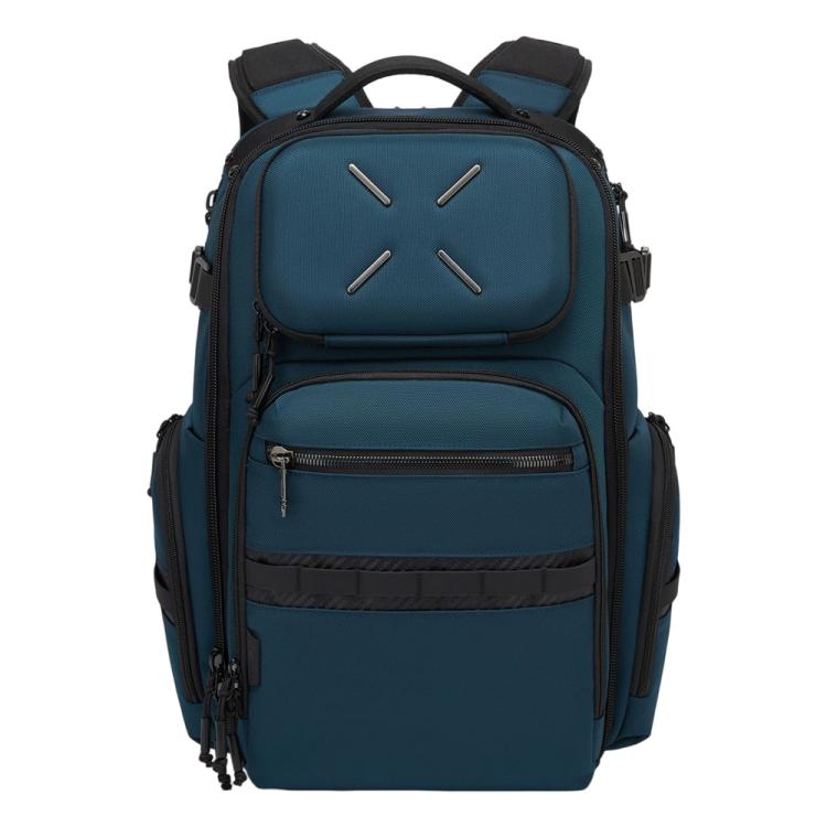 Men's waterproof laptop backpack, blue with front zip pocket and padded shoulder straps