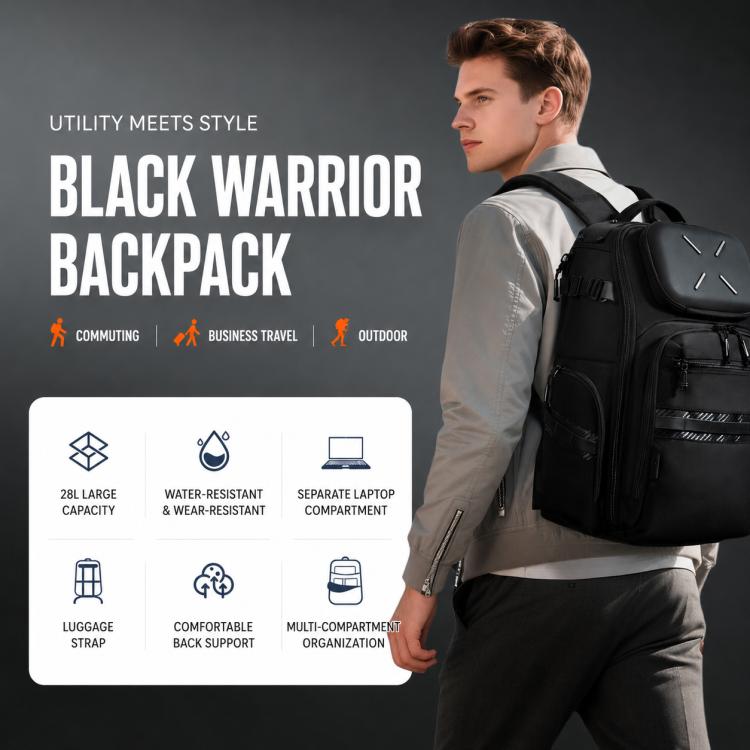 Men's waterproof laptop backpack, black worn on back with front storage pockets