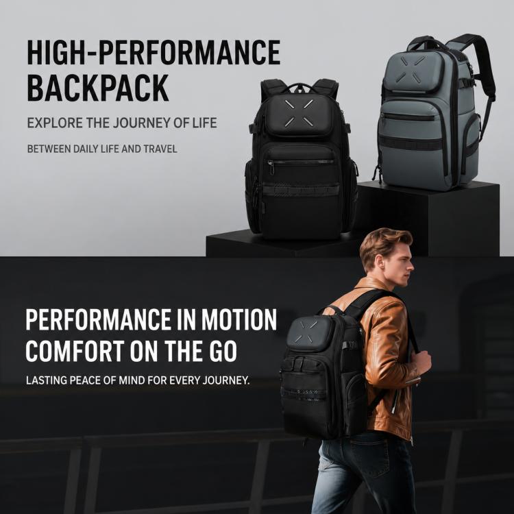 Men's waterproof laptop backpack, black with X-mark front panel and top carry handle