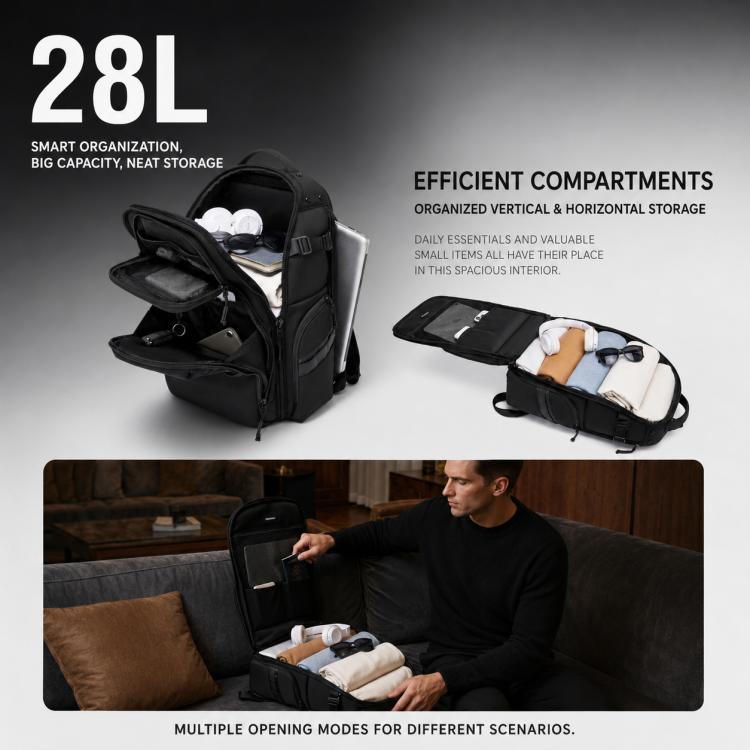 Men's waterproof laptop backpack, black with open compartments and front organizer panel