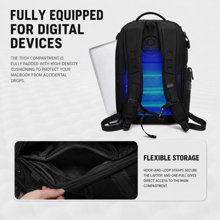 Men's waterproof laptop backpack, black with padded laptop compartment and front zip access