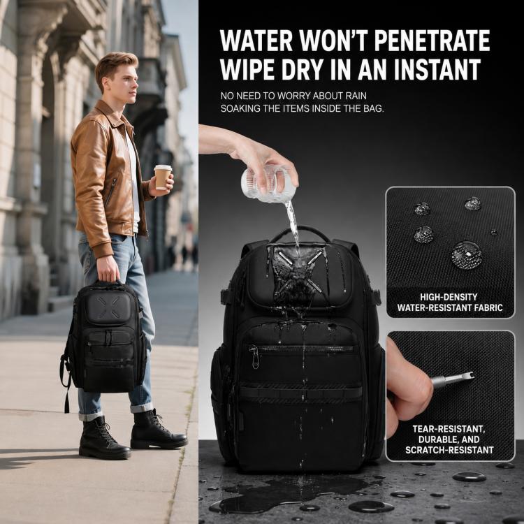 Men's waterproof laptop backpack, black with water-splashing fabric and front pocket