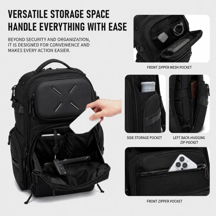 Black waterproof laptop backpack with front zipper mesh pocket and side storage pocket