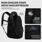 Black backpack with wide padded shoulder straps and breathable honeycomb back panel