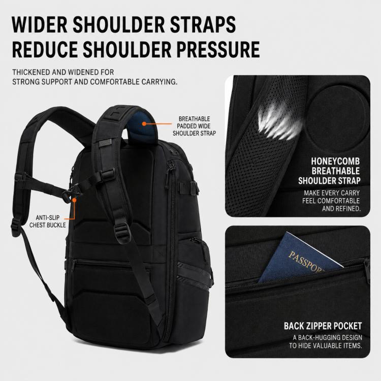 Black backpack with wide padded shoulder straps and breathable honeycomb back panel