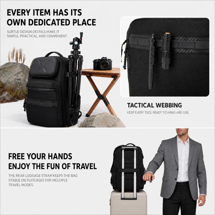 Black laptop backpack with tactical webbing and organizer pouches