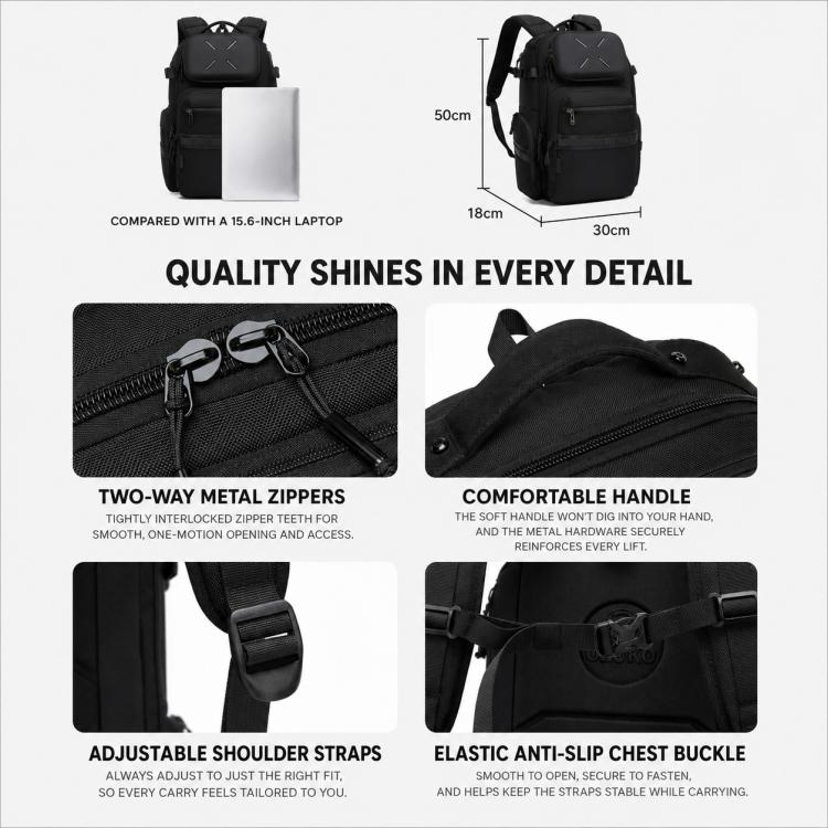 Black waterproof laptop backpack with two-way metal zippers and adjustable shoulder straps