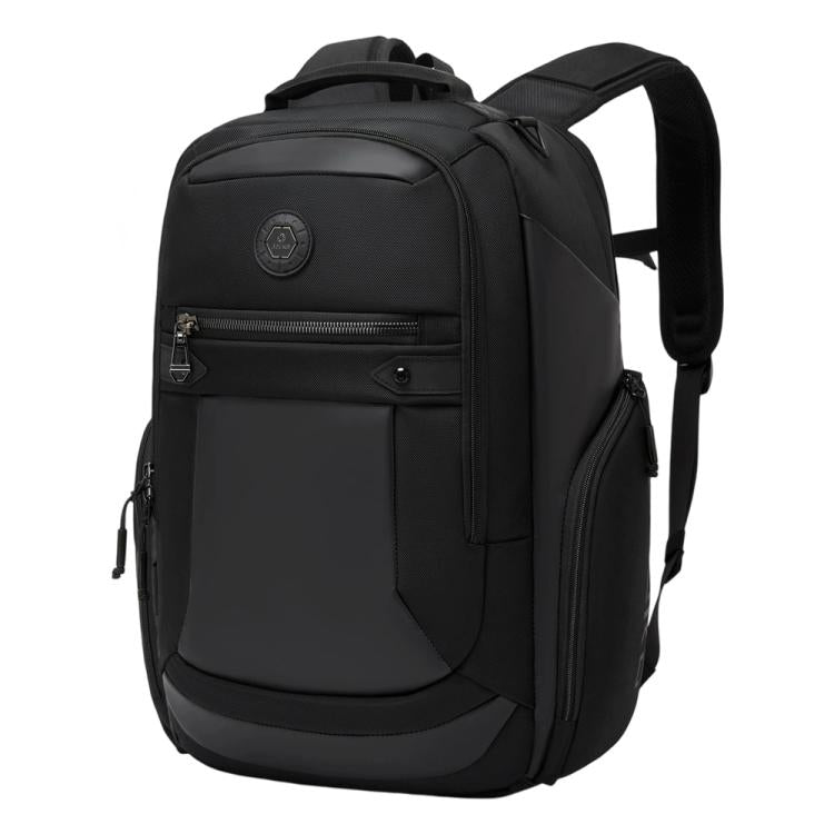 Black waterproof business backpack with front zip pocket and padded laptop compartment.