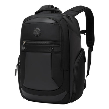 Black waterproof business backpack with front zip pocket and padded laptop compartment.