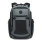 Blue-gray business backpack with front zip pocket and padded laptop compartment.