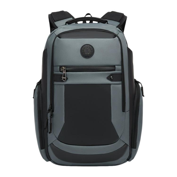 Blue-gray business backpack with front zip pocket and padded laptop compartment.