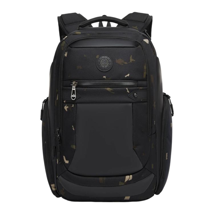 Black camouflage business backpack with front zip pocket and padded laptop section.