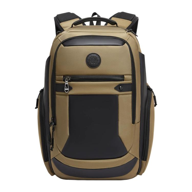 Tan business backpack with front zip pocket and padded laptop compartment.