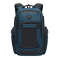Blue business backpack with front zip pocket and padded laptop compartment.