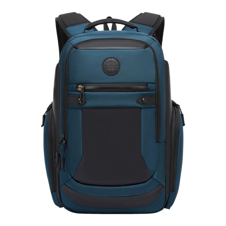 Blue business backpack with front zip pocket and padded laptop compartment.