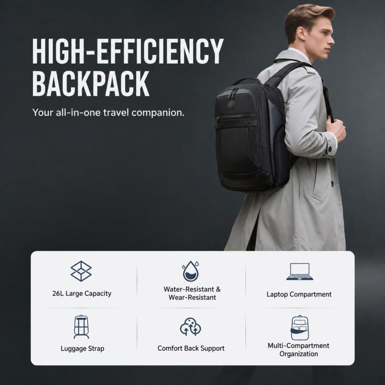 Black business backpack worn on back with top handle and front organizer pocket.