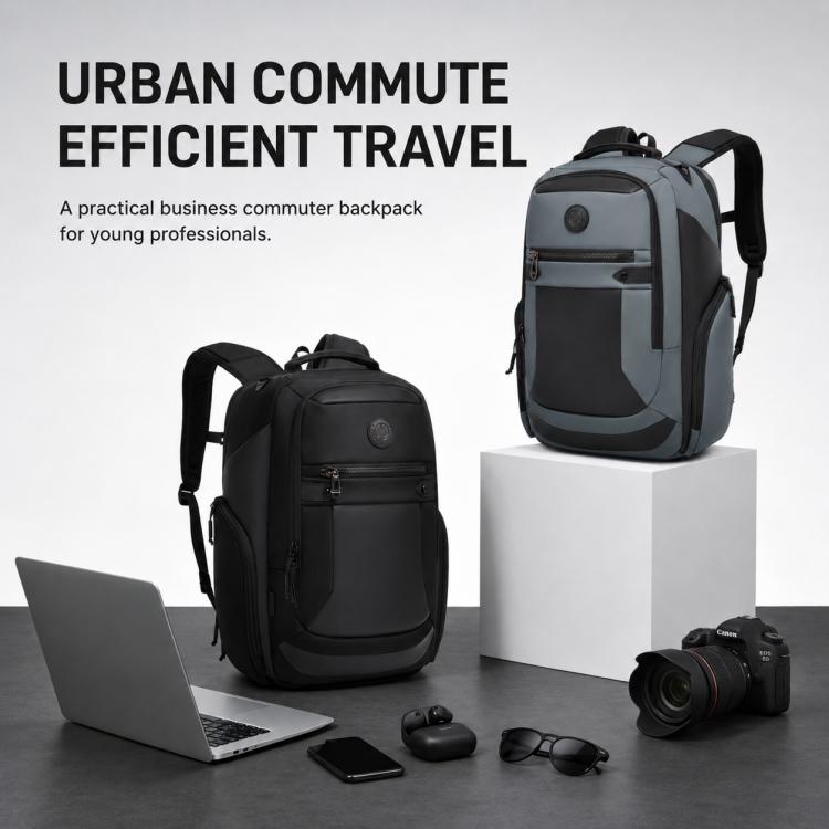 Black and gray business backpack with front zip pocket and side carry handle.