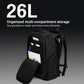 Black laptop backpack with multi-compartment storage and side zipper access.