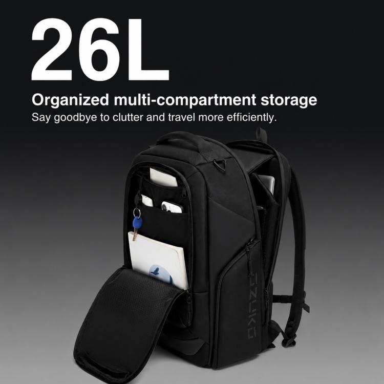 Black laptop backpack with multi-compartment storage and side zipper access.