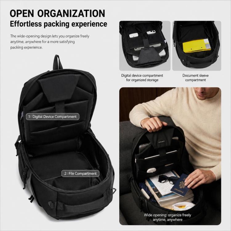 Black backpack with wide-open interior compartments for laptop, files, and devices.