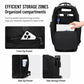Black backpack showing front zip pocket and side storage pockets for essentials.