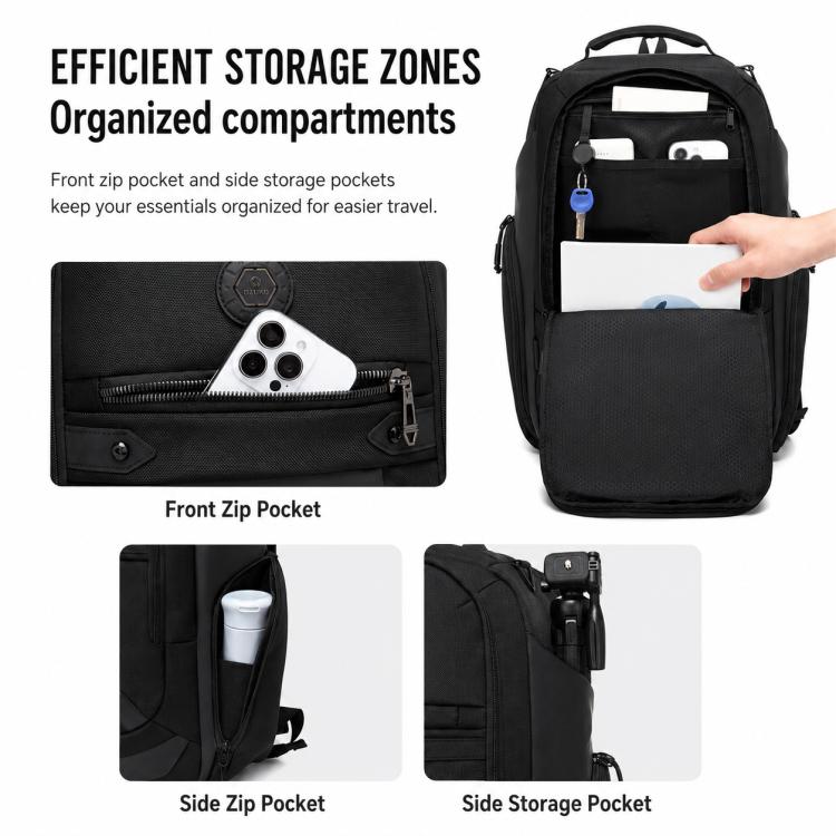 Black backpack showing front zip pocket and side storage pockets for essentials.