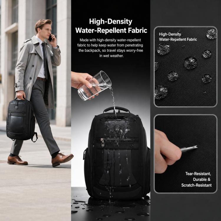 Black waterproof business backpack with padded shoulder straps and laptop compartment